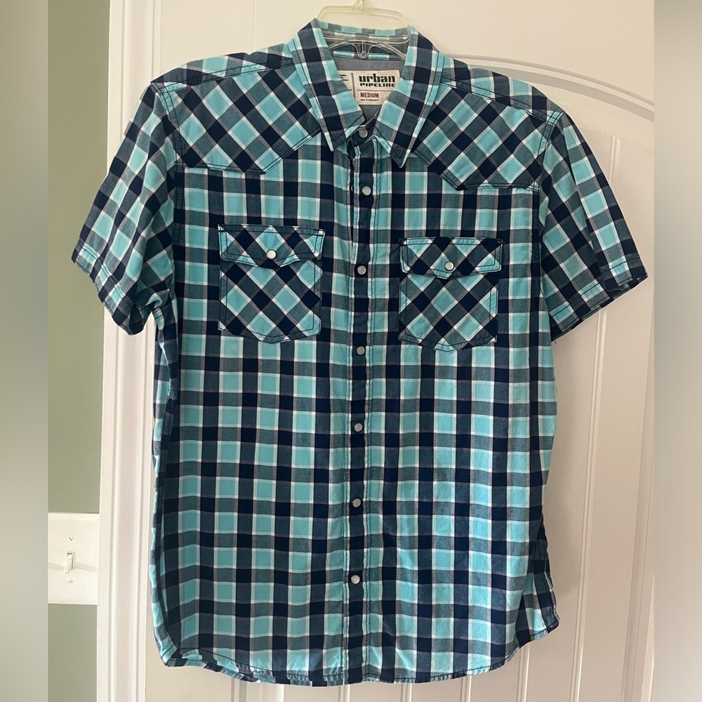 Urban Pipeline Short Sleeve Button Down Plaid Shirt Bright Blue Medium